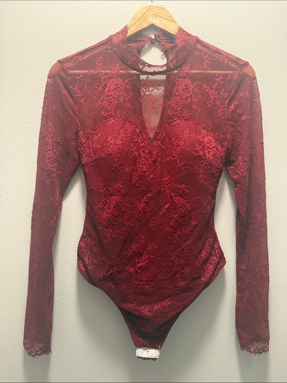 PopiLush Lace Long-Sleeve Bodysuit in Deep Red